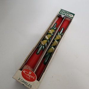 Vtg Capri Holiday Taper Candles Christmas Bells Greenery 10 inches Red 1967